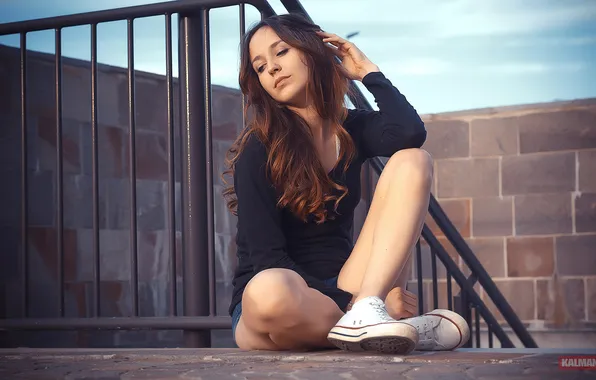Girl, model, sitting, long-haired, sneakers