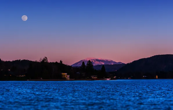 Moon, twilight, mountains, lake, evening, houses, dusk, blue hour