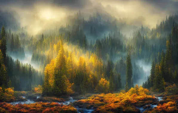 Осень, лес, солнце, свет, горы, природа, туман, рендеринг