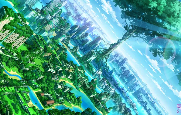 Картинка city, green, landscape, blue, anime, water, tree, building