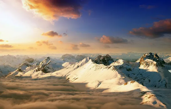 Картинка небо, облака, снег, пейзаж, Горы