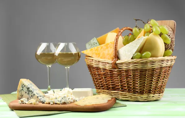Картинка вино, корзина, сыр, винград