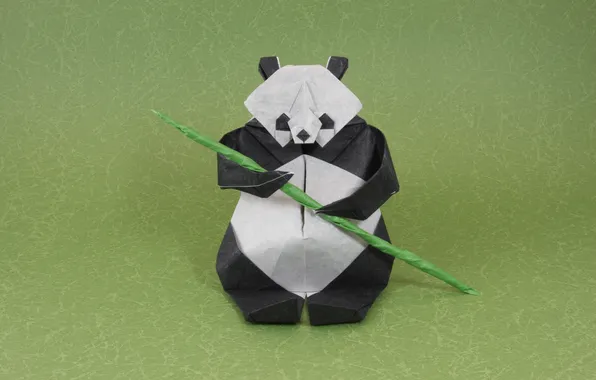 Картинка зеленый, green, ветка, бамбук, панда, оригами, bamboo, origami