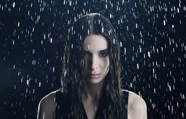 Картинка капли, ночь, фото, дождь, актриса, брюнетка, Rooney Mara, Руни Мара