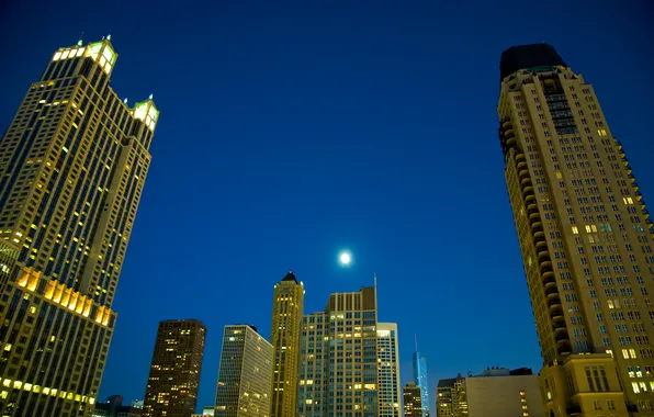 Картинка ночь, город, небоскребы, Чикаго, США, штат Иллиноис