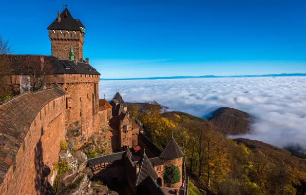 Облака, пейзаж, природа, замок, Франция, Эльзас, Haut-Koenigsbourg