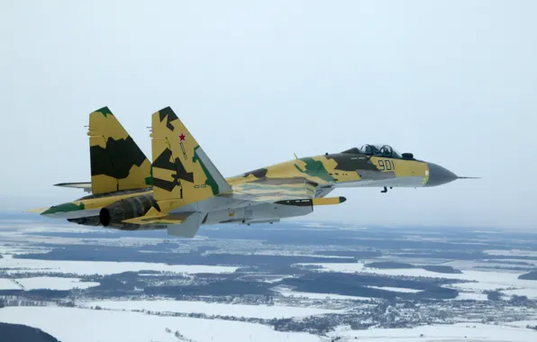 Зима, снег, полет, Истребитель, красиво, Су-35