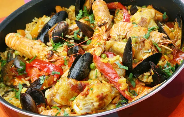 Рис, креветки, морепродукты, моллюски, ризотто