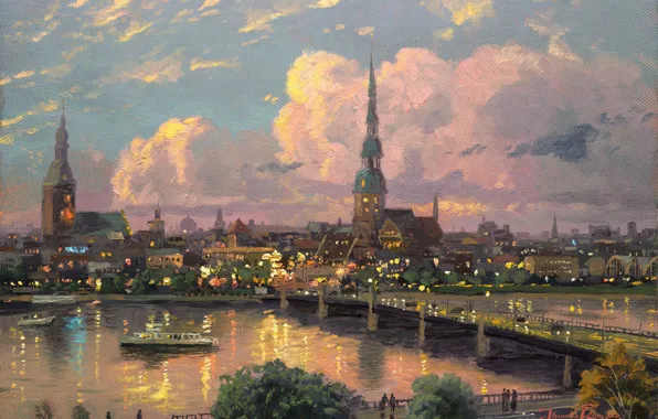 Картинка закат, мост, город, река, площадь, Европа, старый, живопись