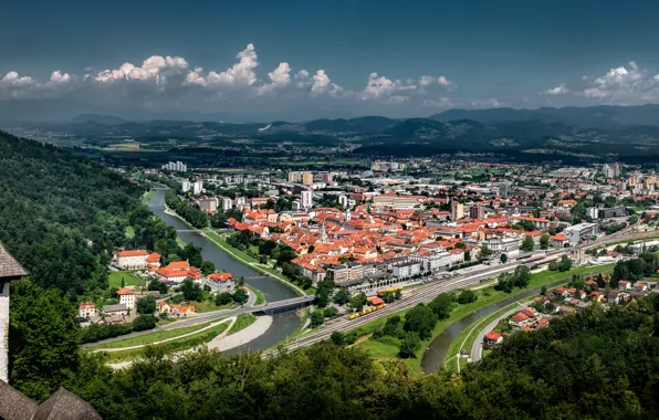 Горы, река, здания, панорама, Словения, Slovenia, Целе, Celje