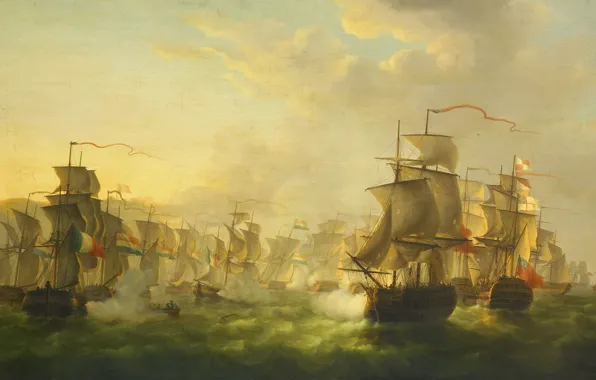 Картинка корабль, масло, картина, баталия, Мартинус Шуман, Сражение между Голландским и Английским флотом