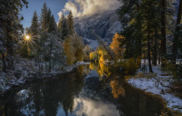 Картинка осень, лес, снег, деревья, горы, отражение, река, Калифорния