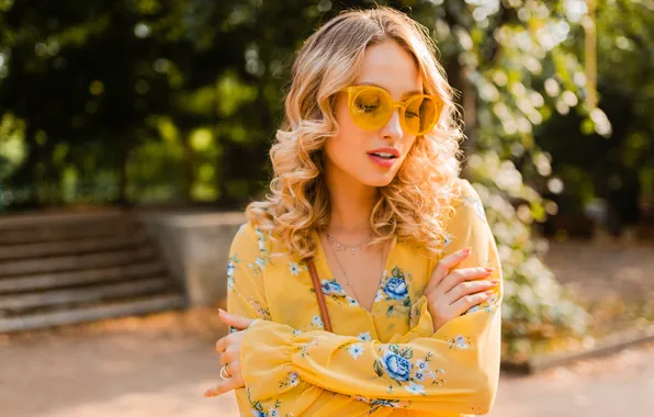 Woman, yellow, beautiful, blond, stylish, portrait