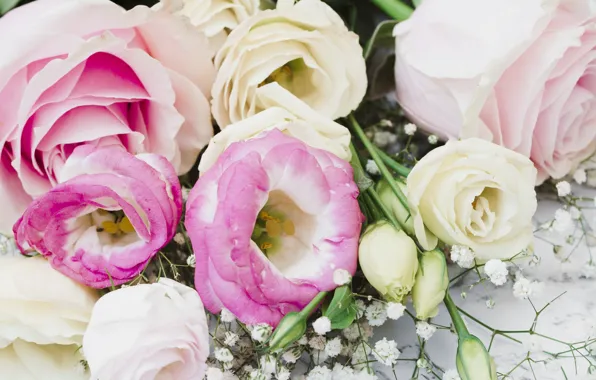 Цветы, розы, букет, pink, flowers, roses, эустома, eustoma