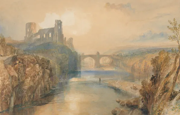 Картинка пейзаж, мост, река, картина, Уильям Тёрнер, Замок Барнард