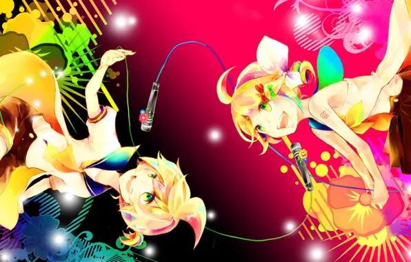 Дети, аниме, арт, микрофон, Vocaloid, Вокалоид, персонажи