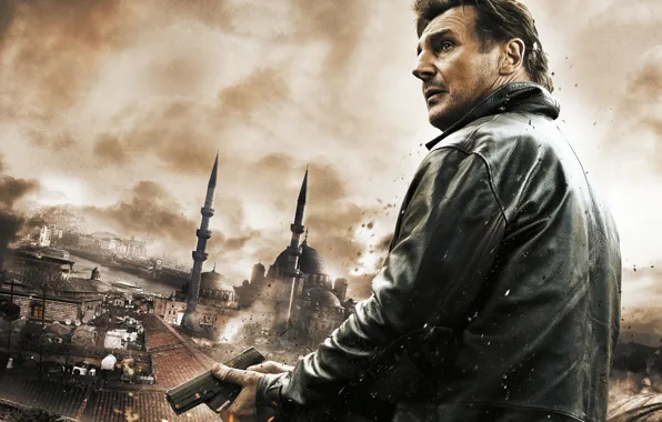 Картинка город, пистолет, крыши, Liam Neeson, Лиам Нисон, Taken 2, Заложница 2