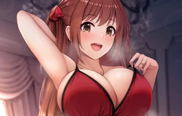 Girl, sexy, cleavage, long hair, brown hair, boobs, smile, anime