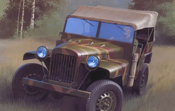 Картинка машина, лес, трава, рисунок, арт, автомобиль, военный, советский