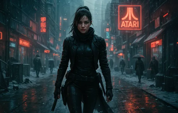 City, snow, street, orange, cyberpunk, women, assassins, illustration