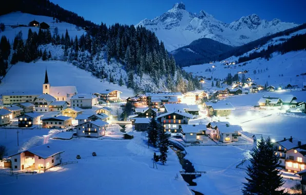 Зима, ночь, Австрия, курорт, Austria