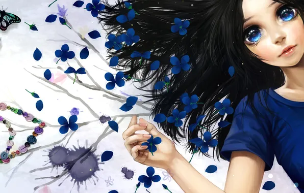Девушка, цветы, фон, слезы, арт, синие, minami haruya