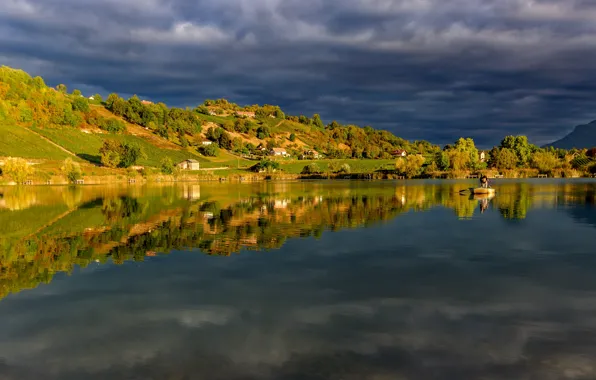 Свет, отражение, холмы, берег, лодка, рыбак, деревня, домики