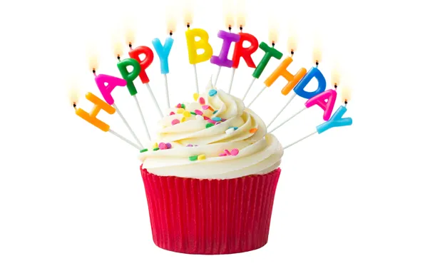 Свечи, colorful, rainbow, cake, крем, Happy Birthday, colours, cupcake
