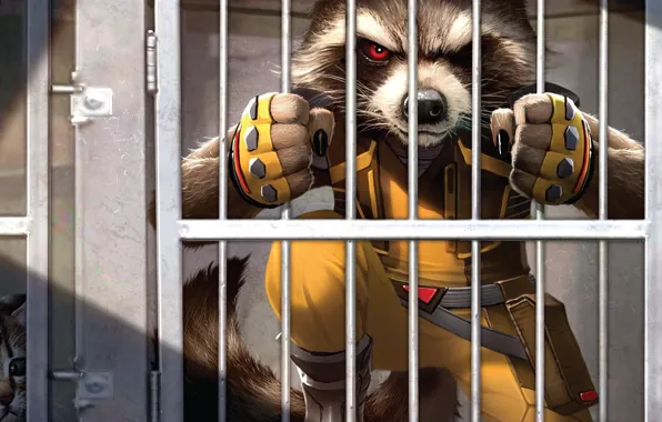 Картинка fantasy, cat, comics, prison, artwork, fantasy art, Guardians of the Galaxy, Rocket Raccoon