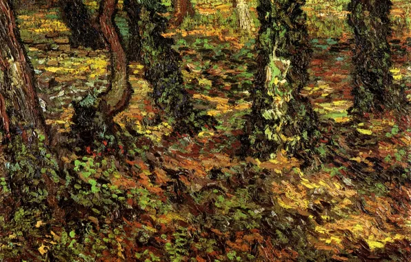Трава, деревья, природа, Vincent van Gogh, Tree Trunks, with Ivy 2