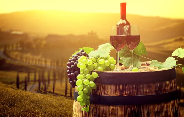 Картинка листья, солнце, пейзаж, вино, бутылка, бокалы, виноград, Италия
