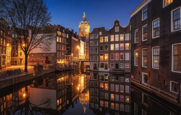 Отражение, здания, дома, Амстердам, канал, Нидерланды, ночной город, набережная