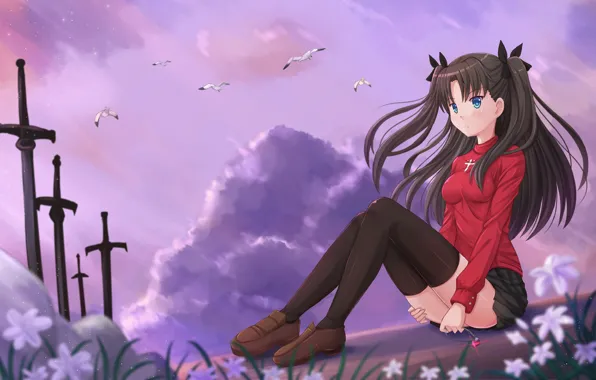 Девушка, природа, сидит, Тосака Рин, Судьба ночь схватки, Fate / Stay Night