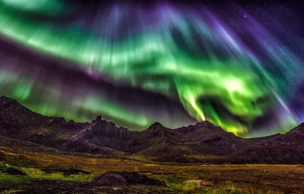 Картинка звезды, горы, ночь, северное сияние, Норвегия, Лофотенские острова