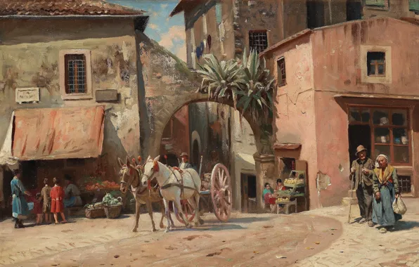 Италия, датский живописец, 1928, Петер Мёрк Мёнстед, Peder Mørk Mønsted, Danish realist painter, Street scene …