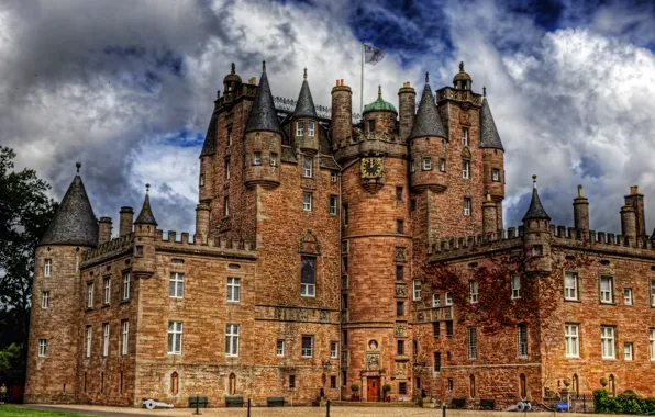 Замок, стены, часы, обработка, Шотландия, башни, Glamis Castle