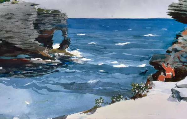 Картинка море, скалы, рисунок, акварель, Winslow Homer, Уинслоу Хомер, Скалистое Побережье