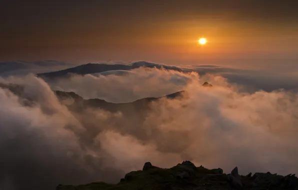 Картинка облака, закат, горы, Англия, England, Wales, Snowdon, гора Сноудон
