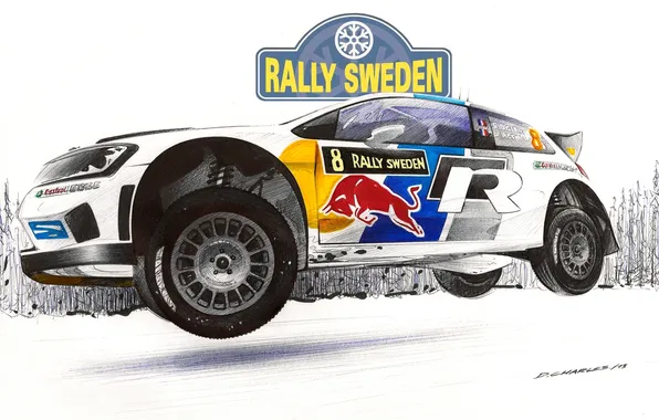 Зима, Рисунок, Белый, Снег, Спорт, Volkswagen, Машина, Rally Sweden