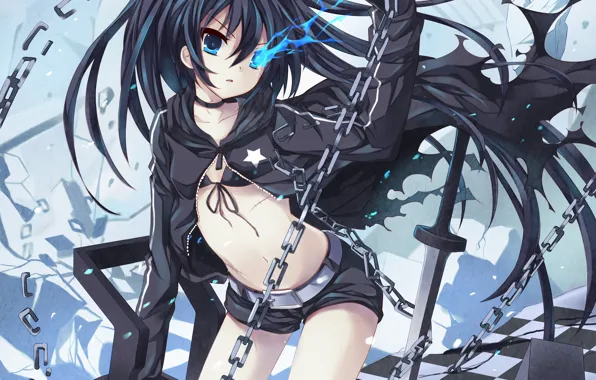 Девушка, оружие, меч, катана, цепи, black rock shooter, мато, курой