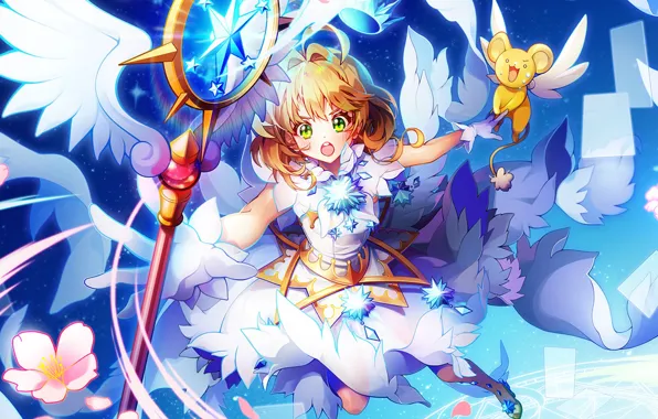 Девушка, аниме, Card Captor Sakura, зверёк, Сакура - собирательница карт