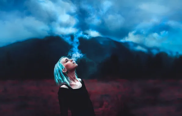Девушка, пейзаж, fading storm, синий дым
