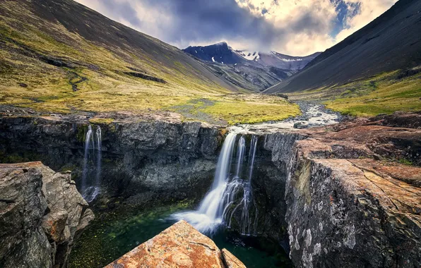 Горы, река, водопад