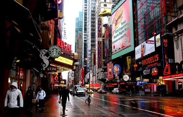 Город, люди, дождь, небоскреб, Нью Йорк, New York, Manhattan, Starbucks