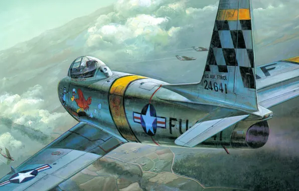 Картинка рисунок, арт, North American, Sabre, F-86, американский реактивный истребитель