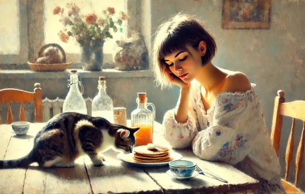 Картинка morning, women, cats, breakfast, impressionism, AI art