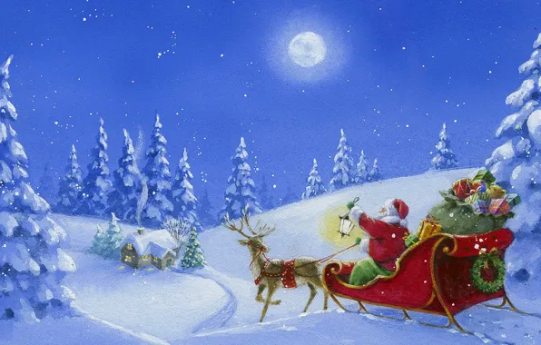 Картинка зима, снег, рисунок, елки, рождество, подарки, сани, дед мороз