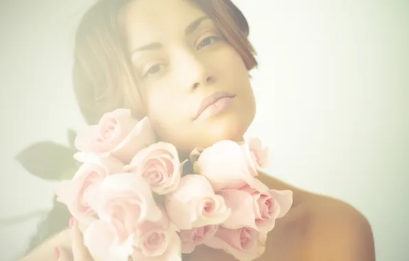 Картинка девушка, цветы, лицо, прическа, розовые розы