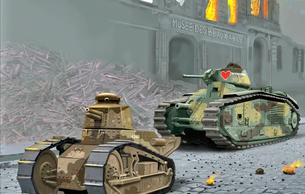 Франция, Огонь, танк, средний, лёгкий, Развалины дома, Renault FT.17, Char B.1bis