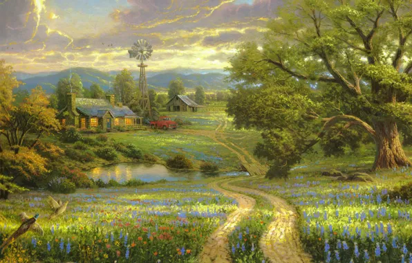 Картинка поле, машина, цветы, горы, птицы, природа, озеро, дом